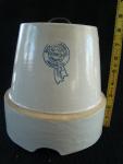 Chicken waterer, stoneware, Bristol glaze, molded, two-piece, top only, with wire bail handle, Mark: 'Buckeye Pottery Co. Macomb, ILL Blue Ribbon Brand'