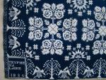 Coverlet, Blue & White, Figured & Fancy, Doubleweave, 2 panel, No Fringe, Border on 3 Sides, Border: Eagle with Shield & Apple Tree, Centerfield: 4 Double Rose Medalion, Corner Block:  "TRYPHENA LAIRE 1836", Attributed to Erie County, NY.