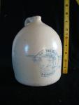 Chicken waterer, stoneware, handthrown, with handle, Bristol glaze, one-piece,  Mark:  'B. B., Barteldes Seed Company, poultry dept'