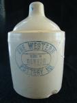 Chicken waterer, stoneware, Bristol glaze, molded, hand-formed, one-piece.  Mark:  'The Western Pottery Co. Made in Denver'.