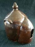 Chicken Waterer, stoneware, hand-thrown, Albany slip glaze, one-piece, with hood, double ear handles, finial, 2 incised rings, Ohio?.