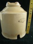 Chicken Waterer, stoneware, molded, Bristol glaze, two-piece, top only, open bottom, Mark: 'PACIFIC' within diamond