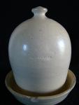 Chicken Waterer, stoneware, hand-thrown, salt glaze, one-piece, finial, Mark: 'A. L. Hyssong, Bloomsburg'.