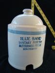 Chicken waterer, stoneware, molded, Bristol glaze, two-piece, top only, open bottom.  Mark:  'Blue Band Sanitary Poultry Buttermilk Feeder Non-Corresiv'.